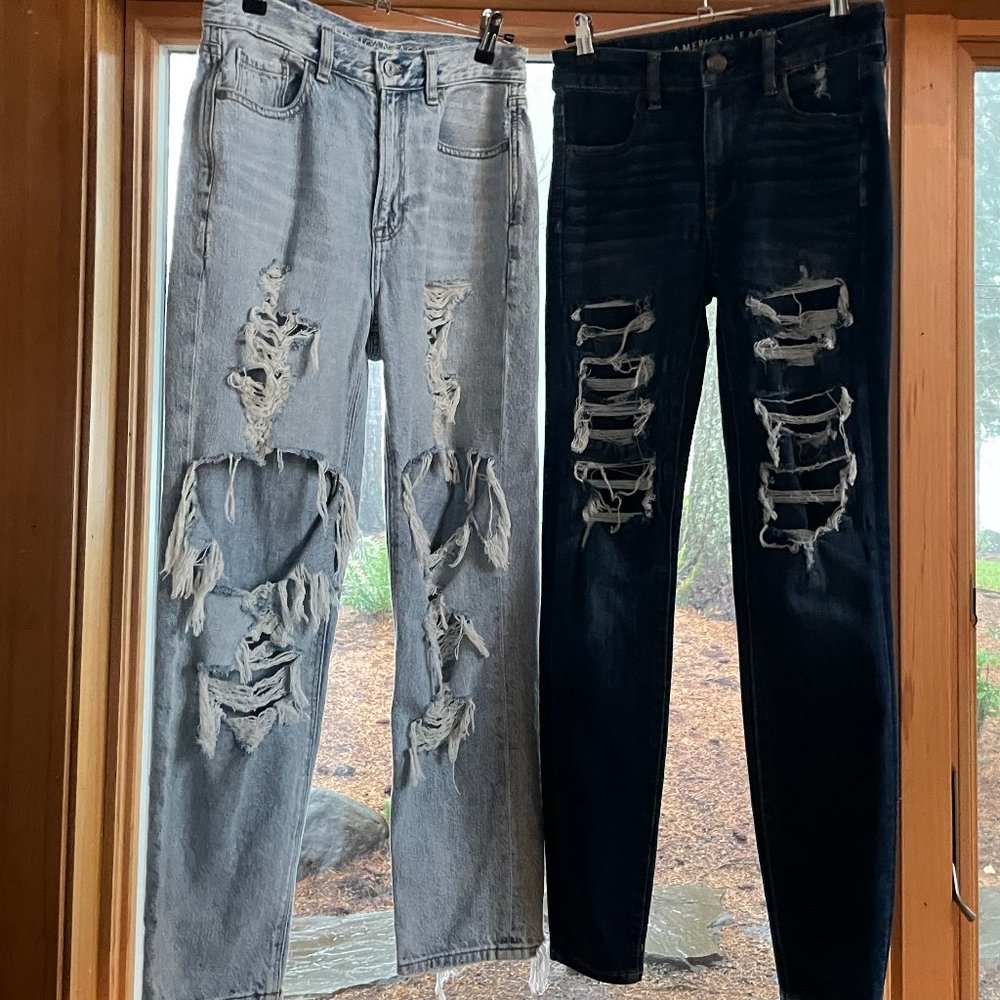 TWO American Eagle Ripped Jeans-- Navy Blue & Light Blue US Size 4